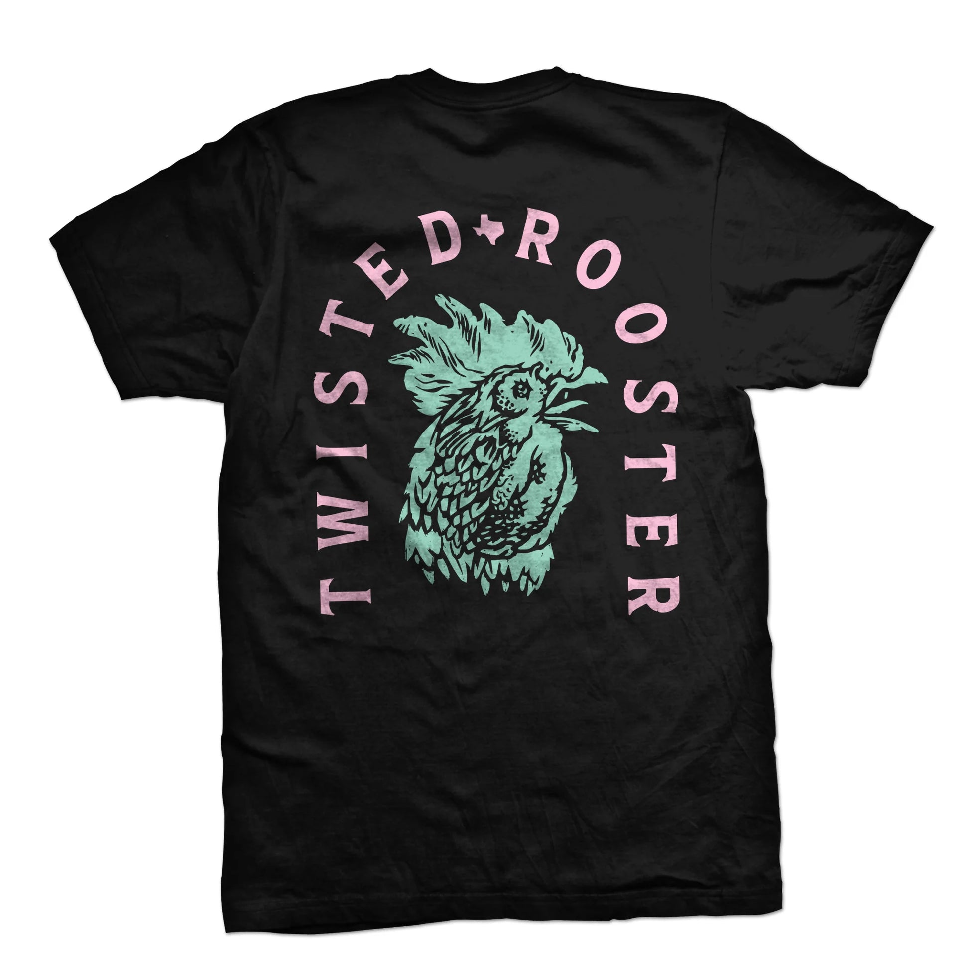 Black t-shirt with 'Twisted Rooster' graphic design on a white background