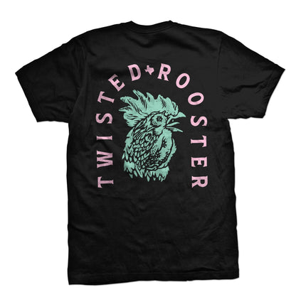 Black t-shirt with 'Twisted Rooster' graphic design on a white background