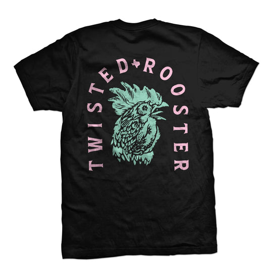 Black t-shirt with 'Twisted Rooster' graphic design on a white background